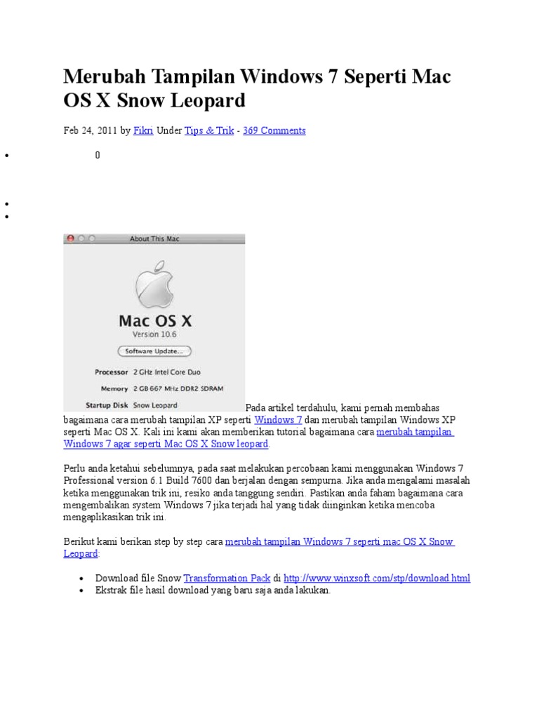 Merubah Tampilan Windows 7 Seperti Mac OS X Snow Leopard | PDF