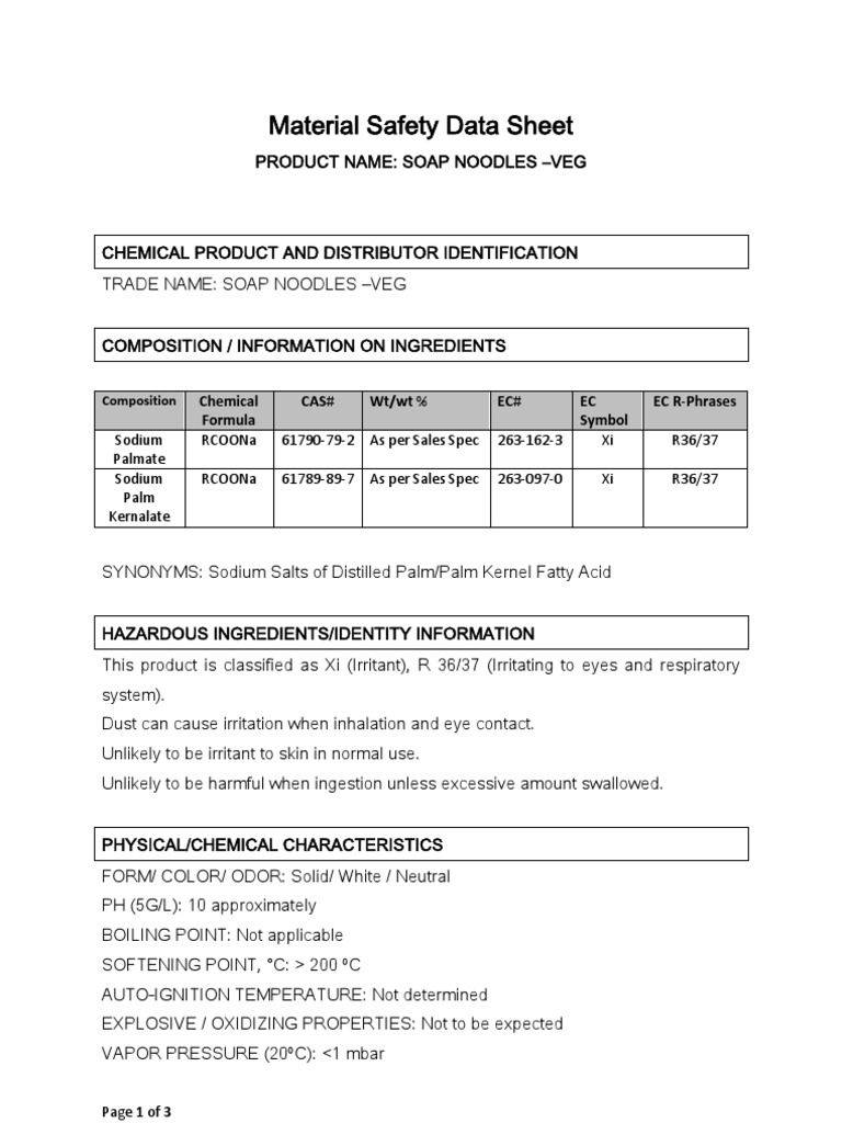Material Safety Data Sheet of Soap Noodles PDF Water Chemical