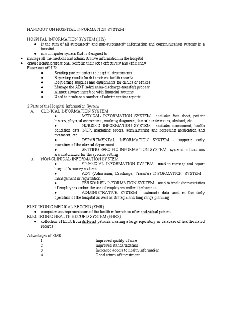 Overview of Hospital Information Systems | PDF | Electronic Health ...