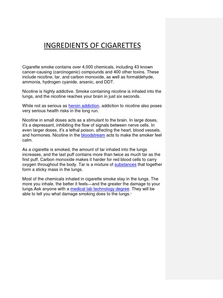 Ingredients of Cigarettes PDF Cigarette Nicotine