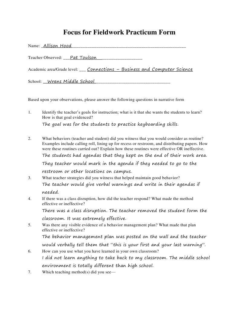 Fieldwork Practicum Observation Report | PDF