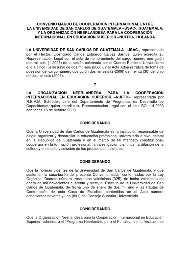 Convenio Marco de Cooperacion Internacional Entre La Usac Guatemala, y ...