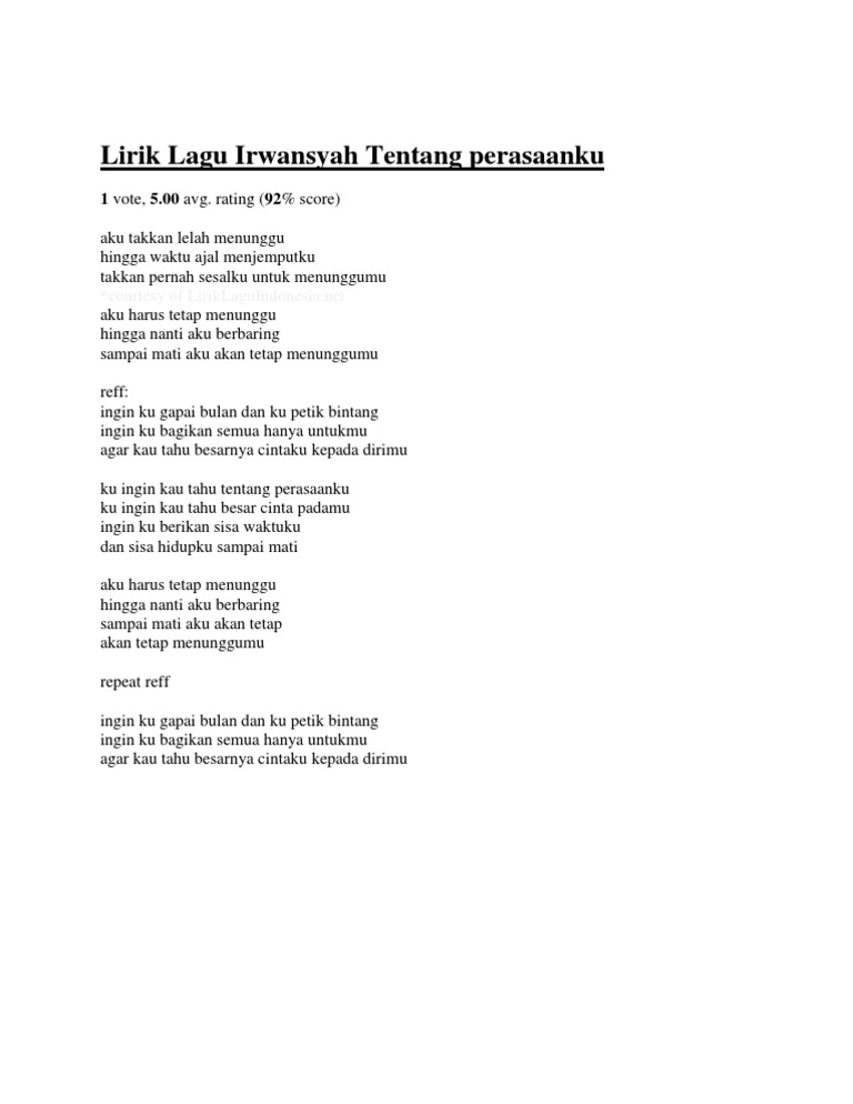 Lirik Lagu Irwansyah Tentang Perasaanku