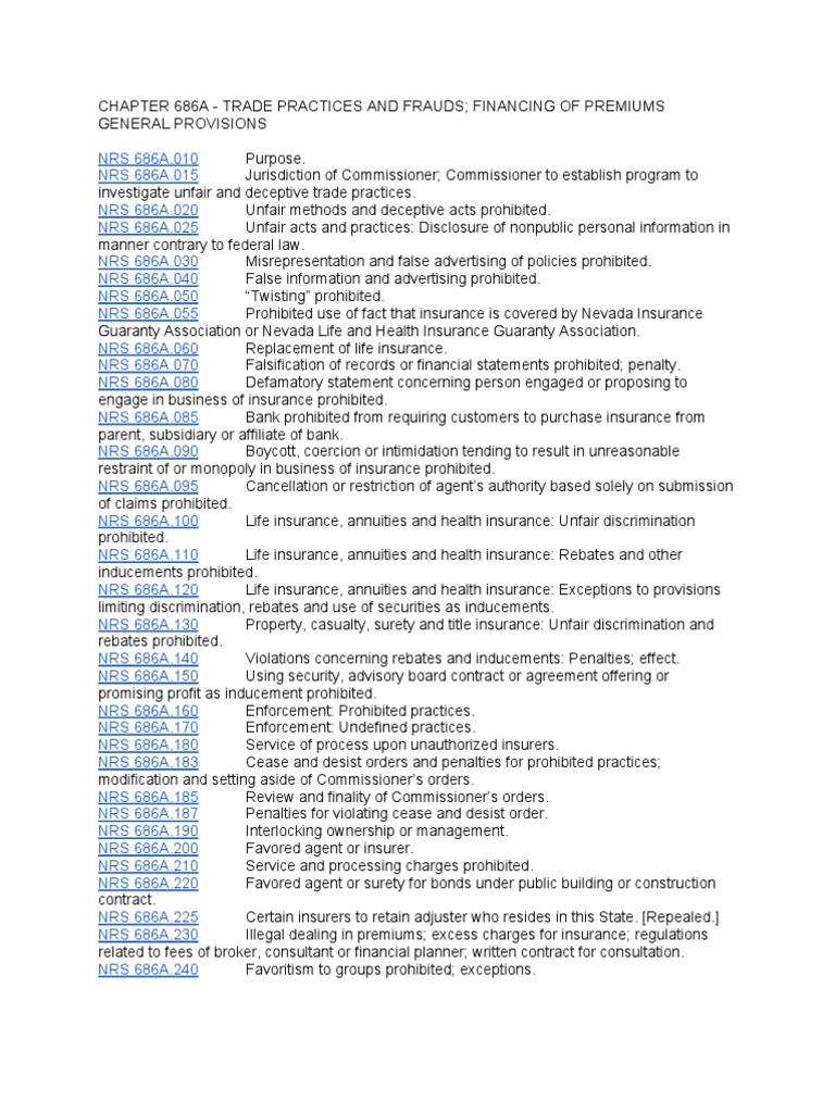 Nevada Insurance Regulations Unfair Trade Practices Life