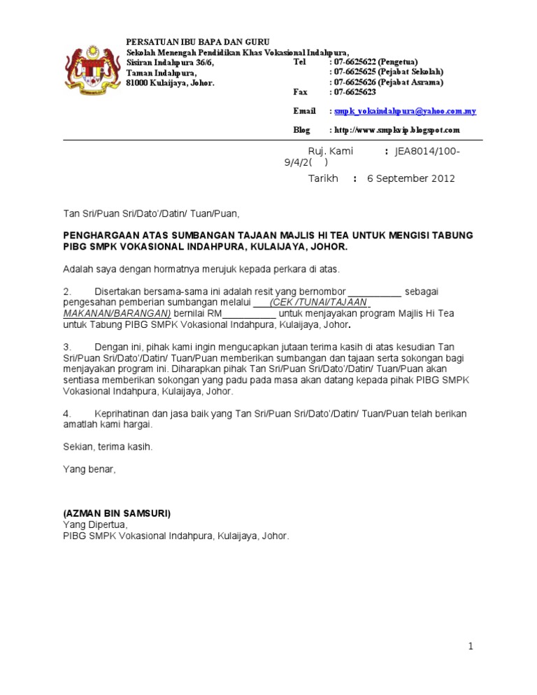 Contoh Surat Kepada Sultan Pahang