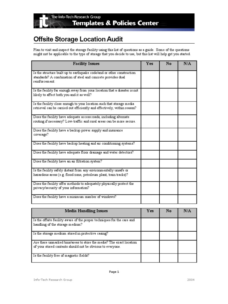 Offsite Storage Location Audit Checklist | PDF | Computer Data Storage ...