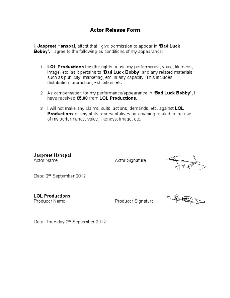 Actor Release Form for Bad Luck Bobby | PDF
