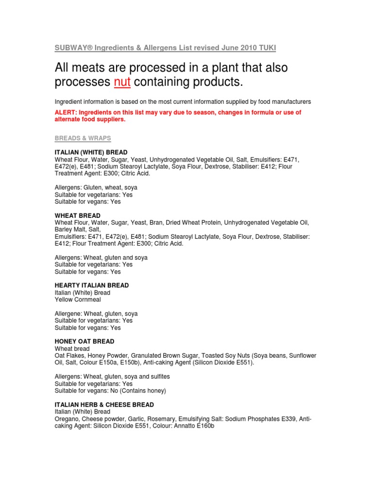 Subway Ingredients List PDF