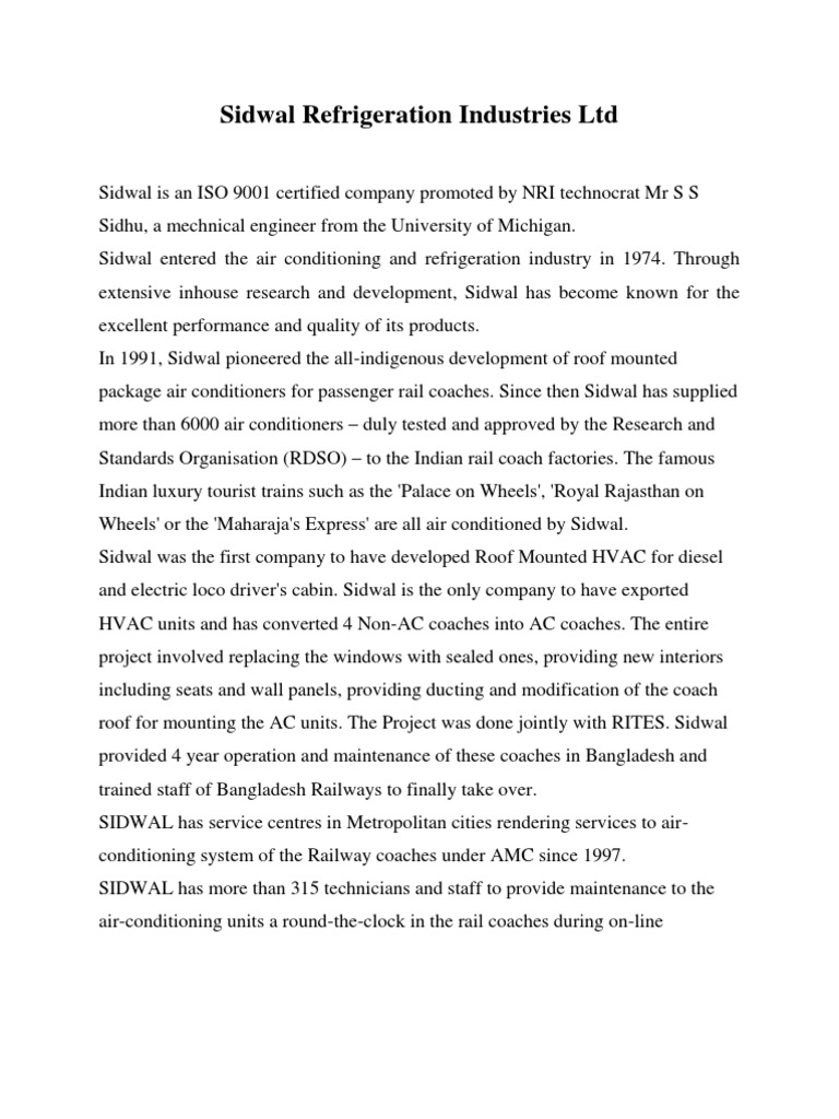 Sidwal Refrigeration Industries LTD PDF Passenger Car (Rail) Air