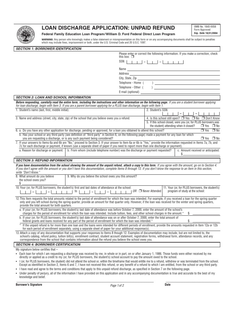 Loan Discharge Application Form | PDF