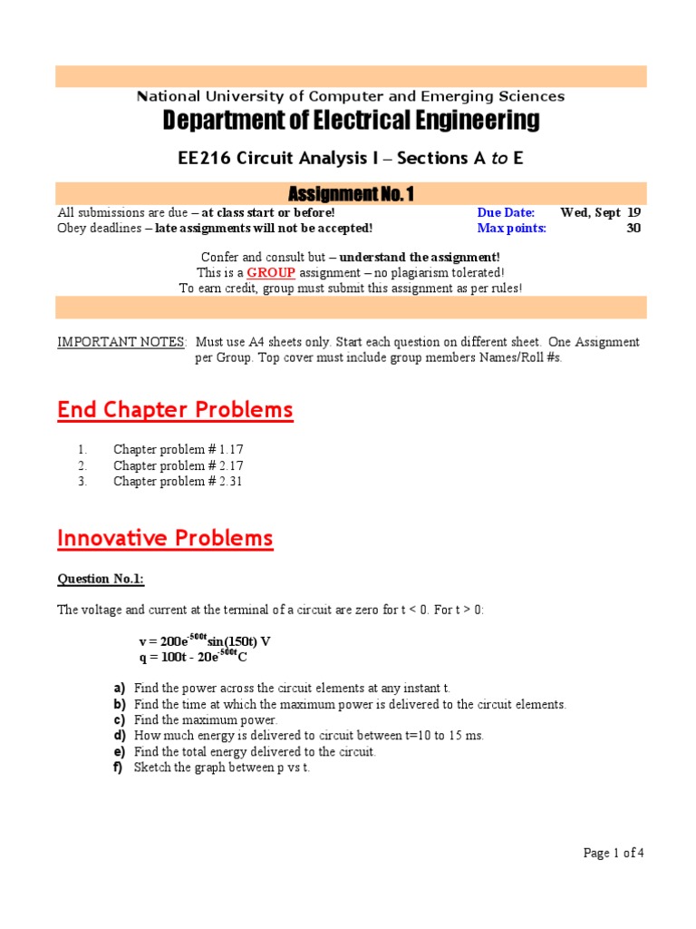 Department of Electrical Engineering: End Chapter Problems | PDF
