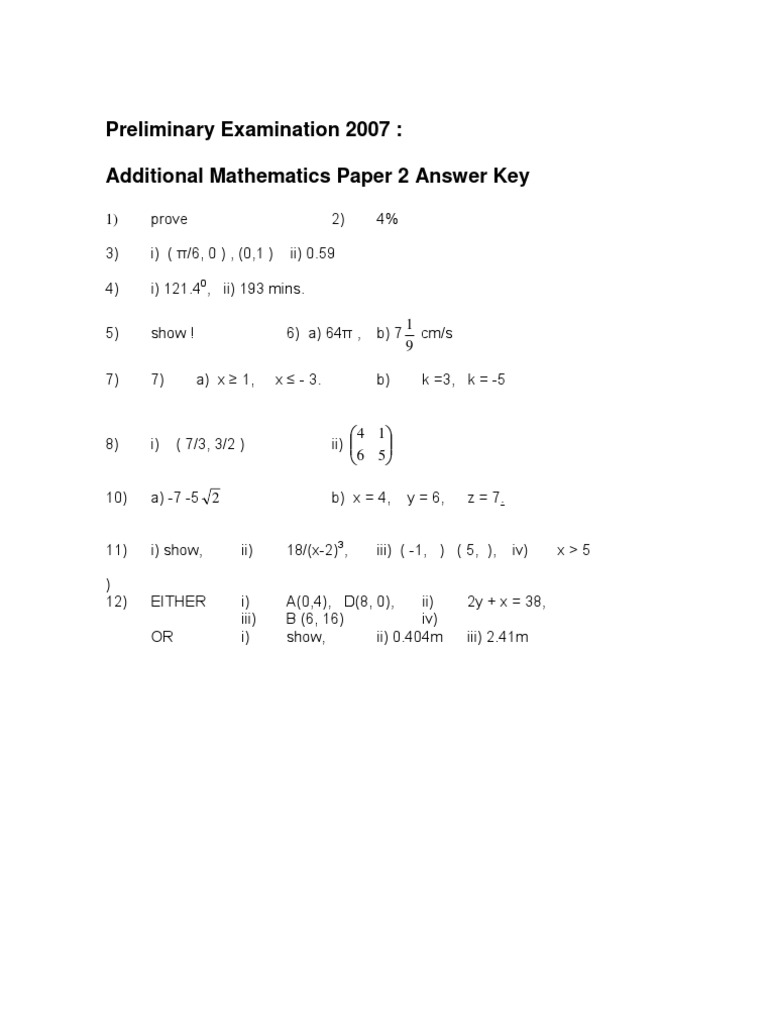 Additional Mathematics Exam Answers 2007 | PDF