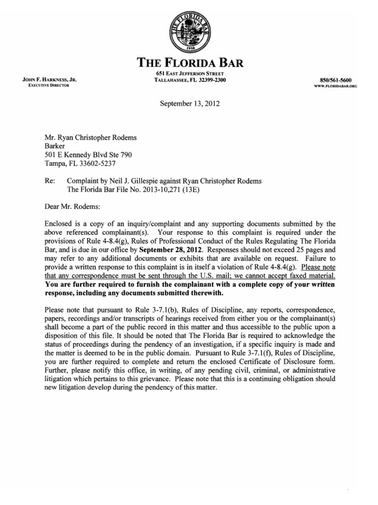 Florida Bar Complaint, Ryan Christopher Rodems, Sep132012 PDF