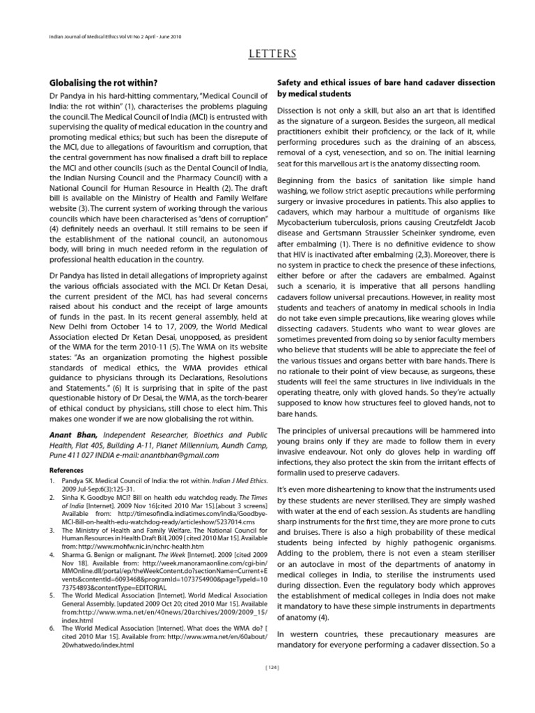 Safety and ethical issues of bare hand cadaver dissection by medical ...