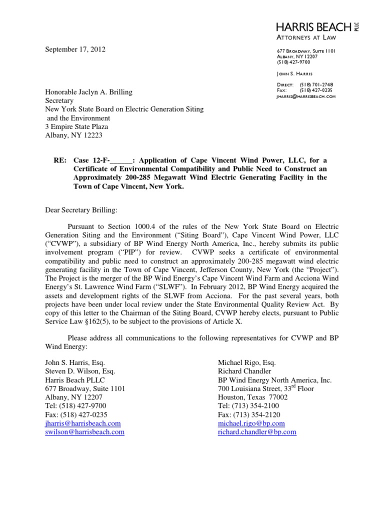BP Application To Site, Wind Electric Generating Facility in The Town