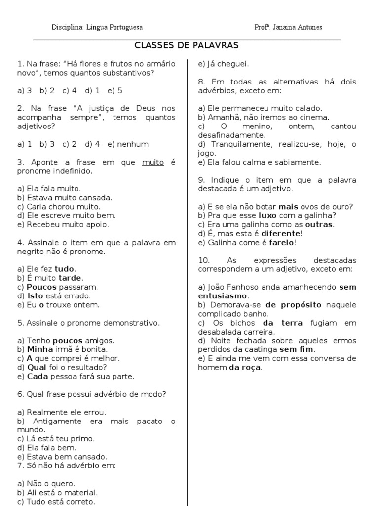 Exercicios Classes de Palavras | PDF