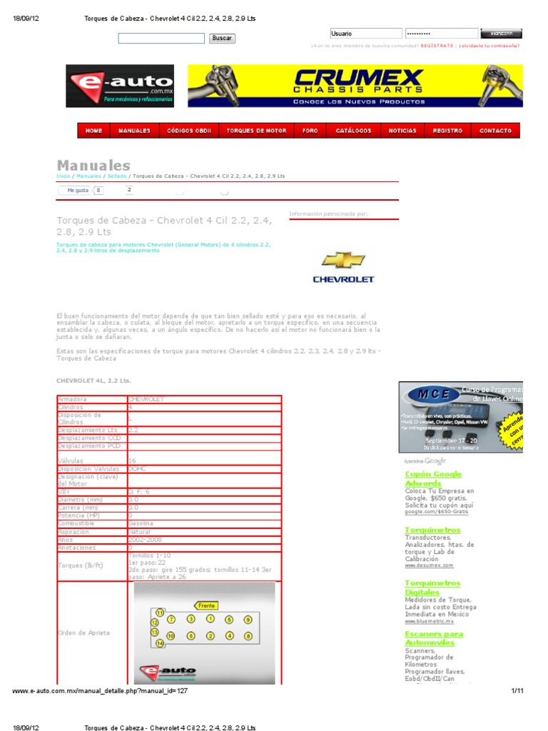 Torque De Cabeza Chevrolet Sonic 2012 1.8 Lts
