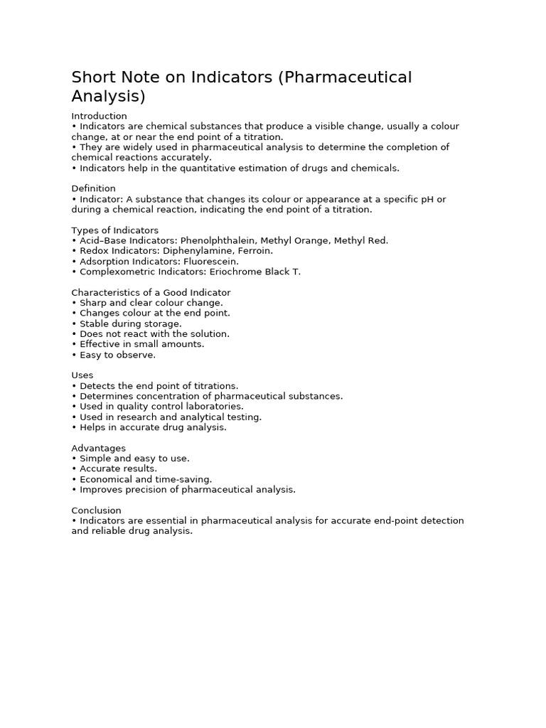 Short Note Indicators Pharmaceutical Analysis | PDF