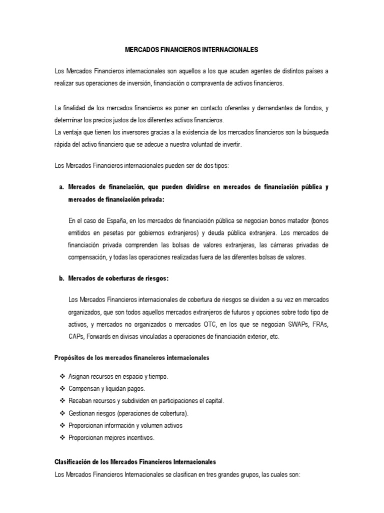 Tipos y Funciones de Mercados Financieros | PDF | Bolsa | Mercado ...