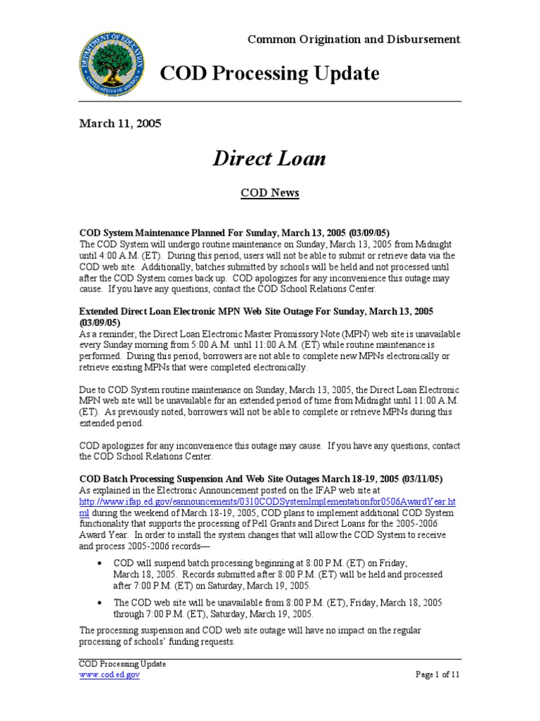 COD Processing Update: March 2005 | PDF | Databases | Pell Grant