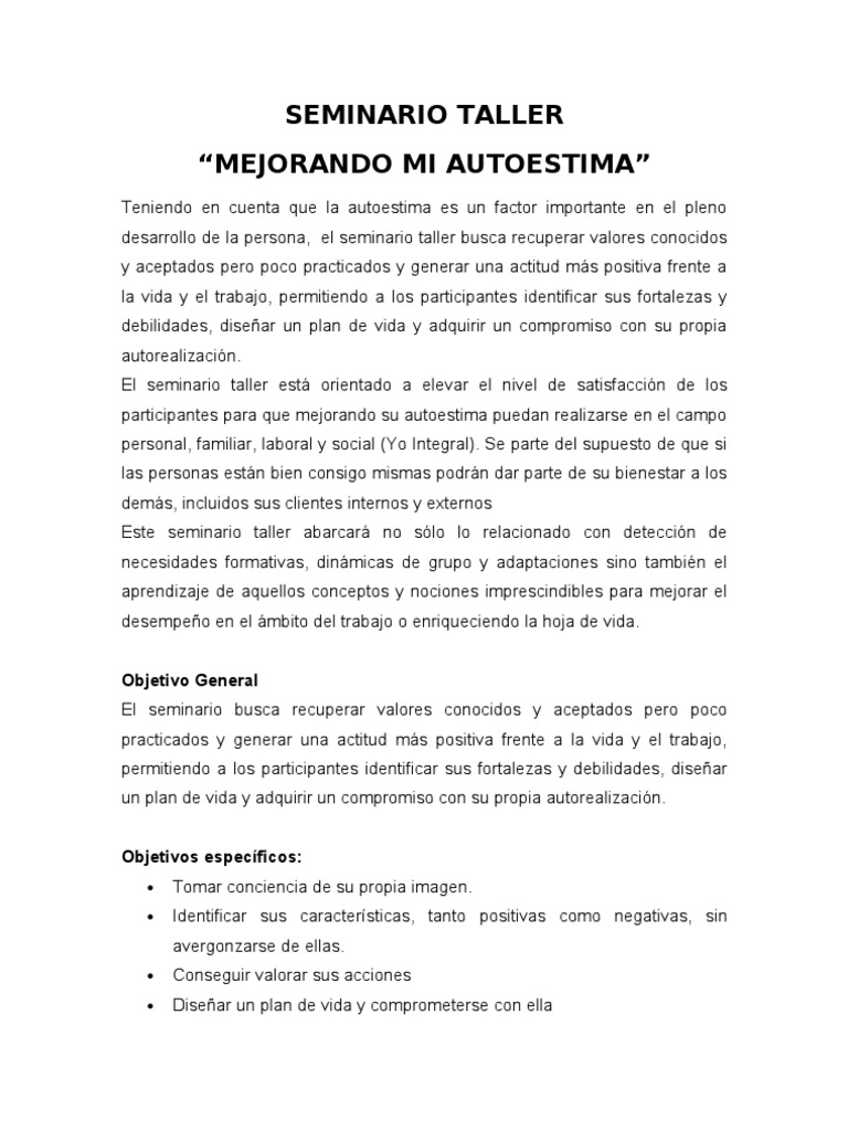 Taller de Autoestima y Desarrollo Personal | PDF | Seminario | Autoestima