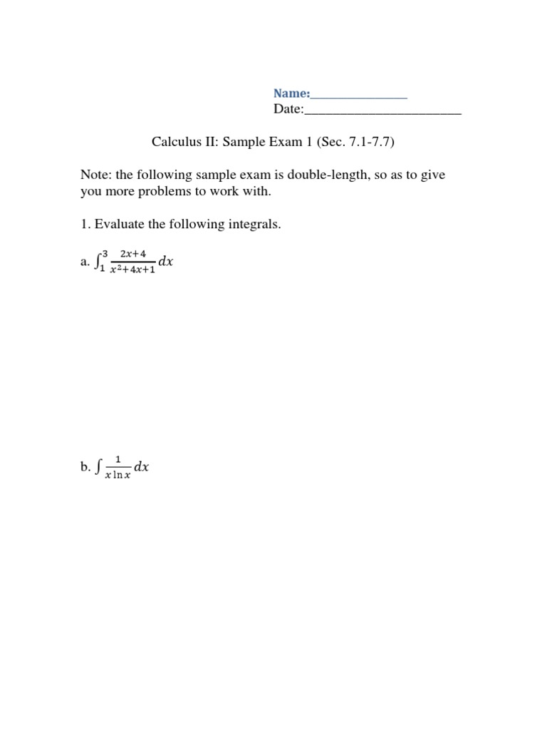 Calculus II Sample Exam (Sec. 7.1-7.7) | PDF