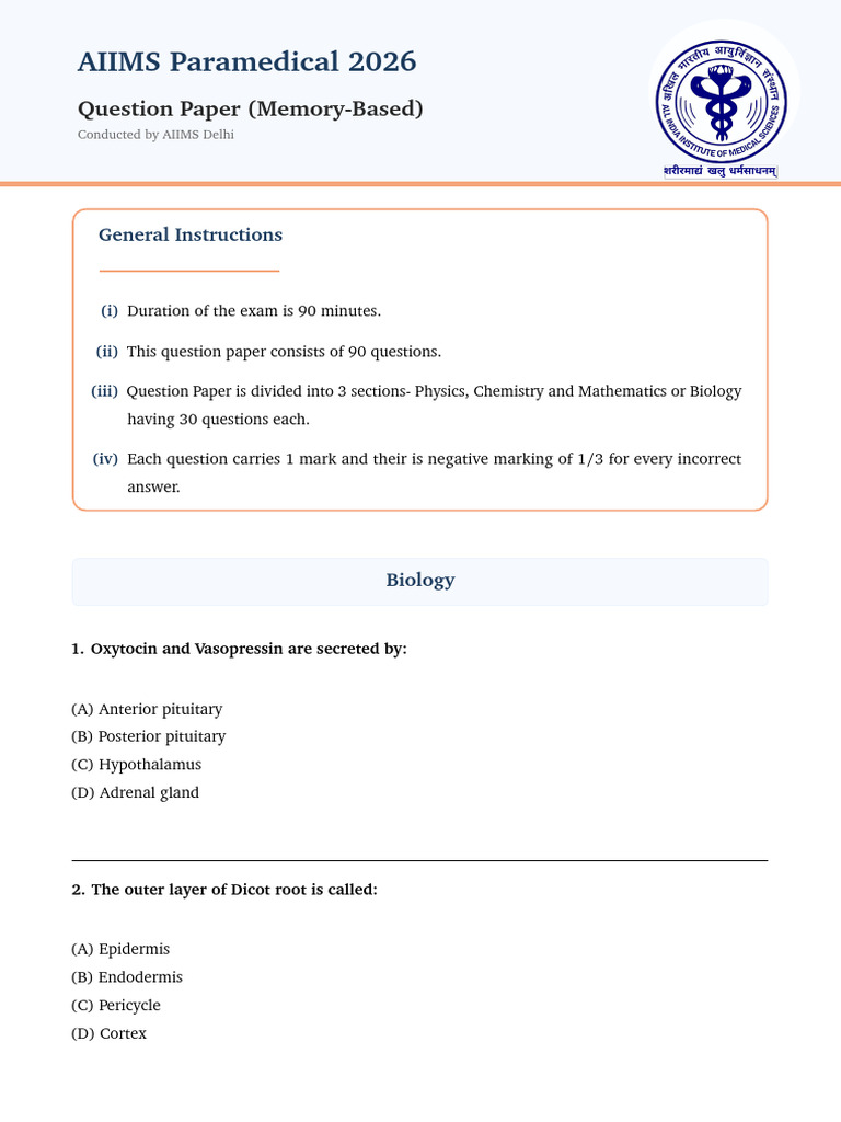 AIIMS Paramedical 2026 Question Paper | PDF | Mercury (Element) | Paper