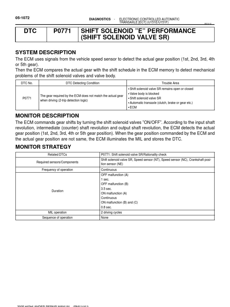 DTC P0771 Shift Solenoid "E" Performance (Shift Solenoid Valve SR