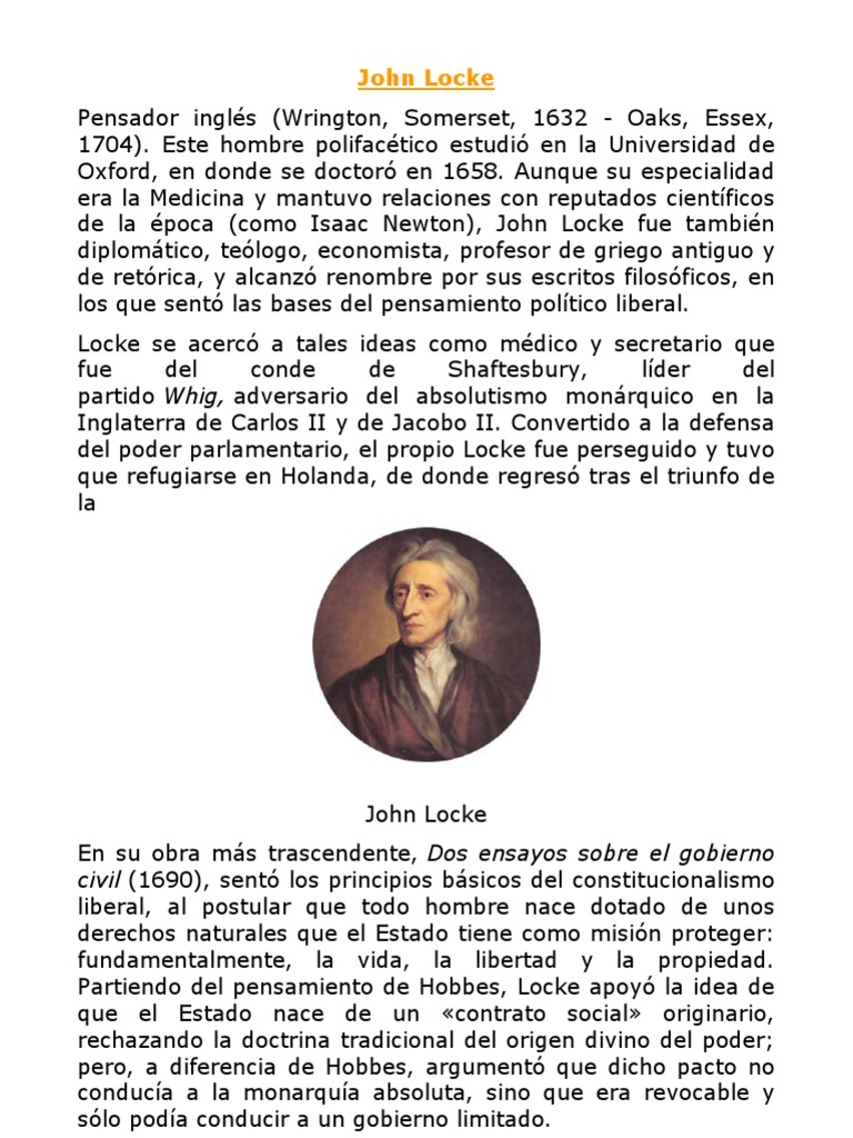 John Locke civil (1690), sentó los principios básicos del