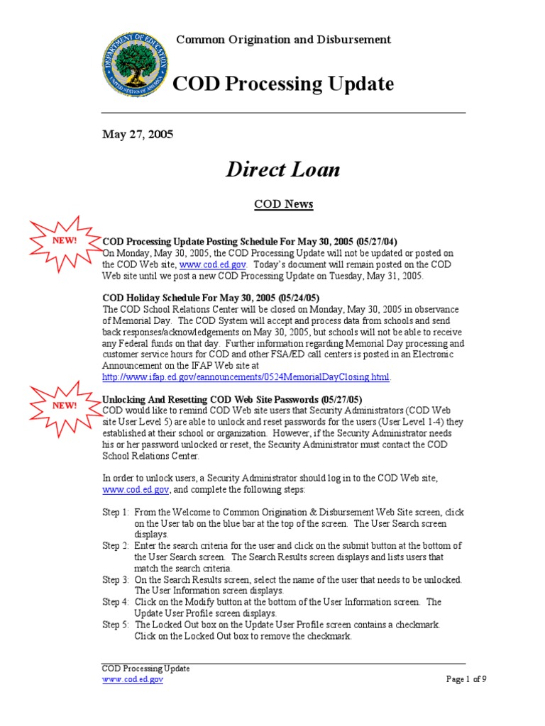 COD Processing Update for May 2005 | PDF | Password | Pell Grant