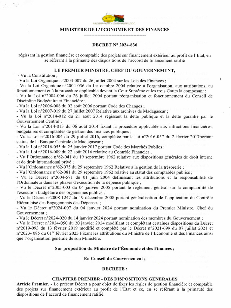 Decret 2024 836 Projet Sur Financement Exterieur | PDF