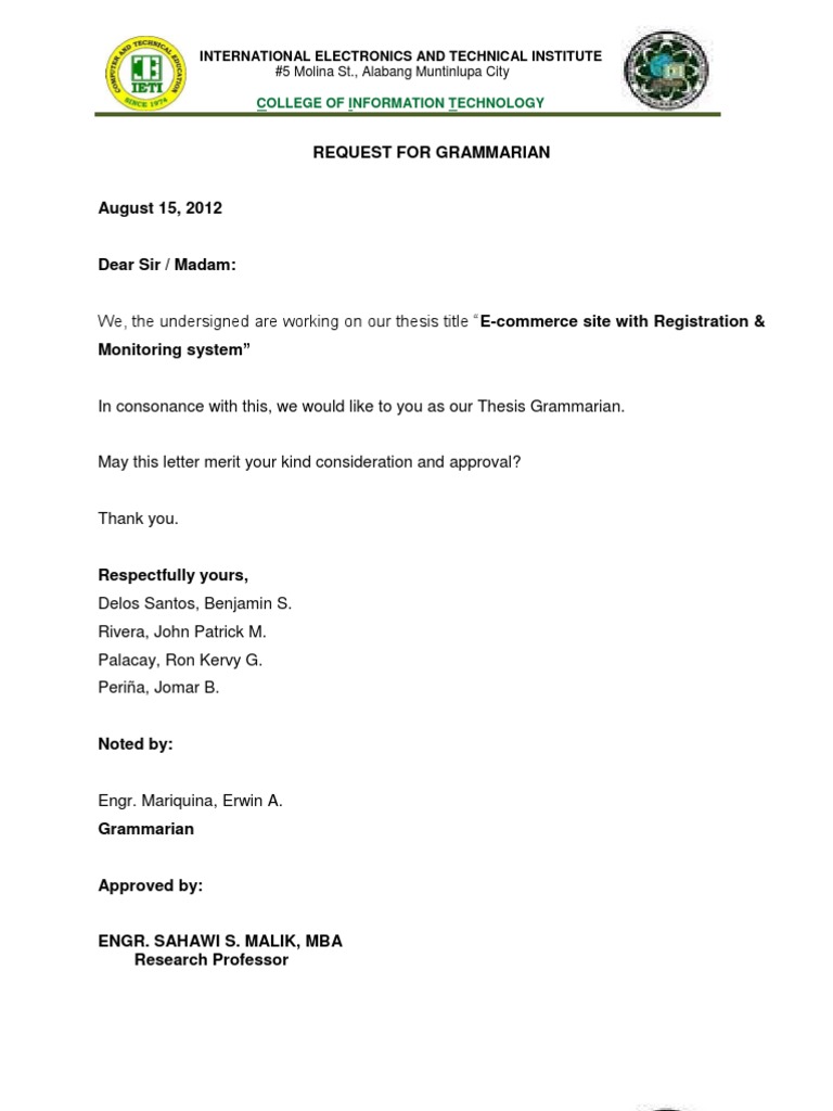 Approval Letter For Thesis - Letter