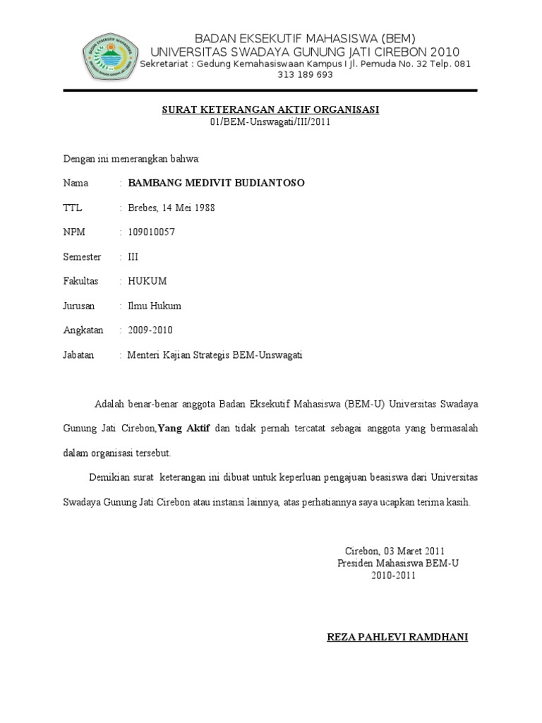 Surat Keterangan Aktif Anisasi Bem U Pdf