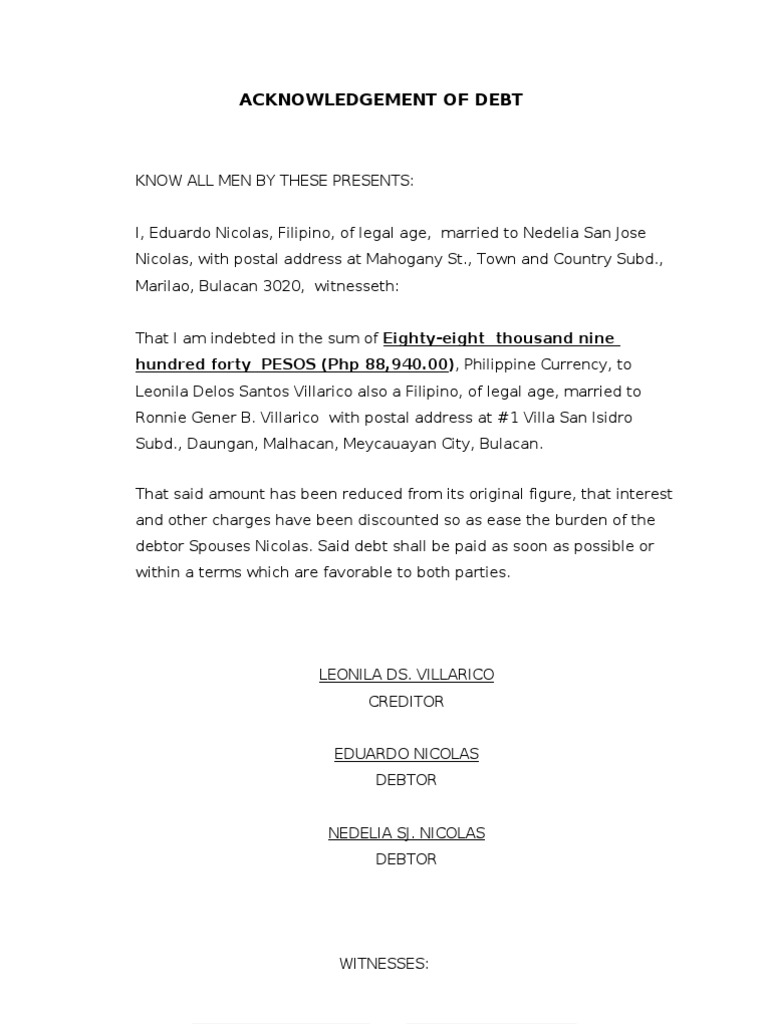 Acknowledgement of debt pdf