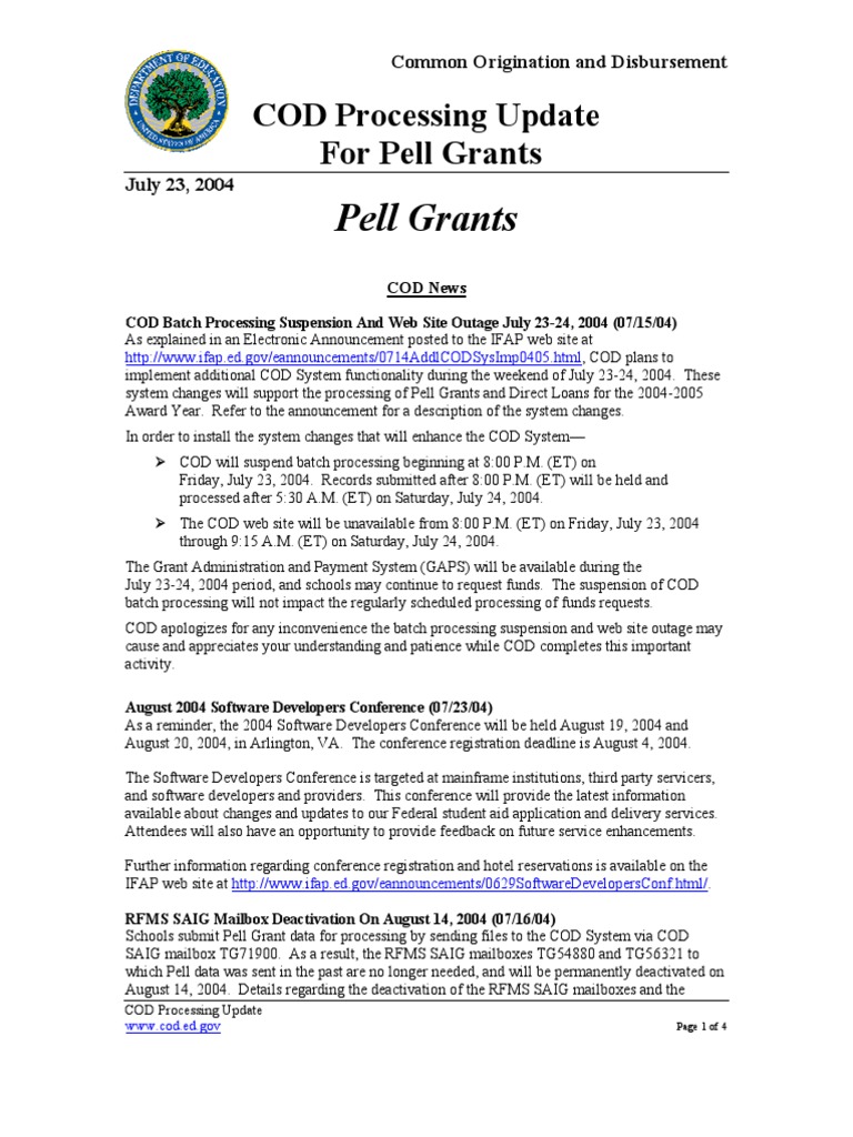 COD Processing Update for Pell Grants | PDF