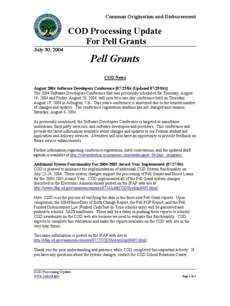 Pell Grant COD Processing Update 2004 | PDF