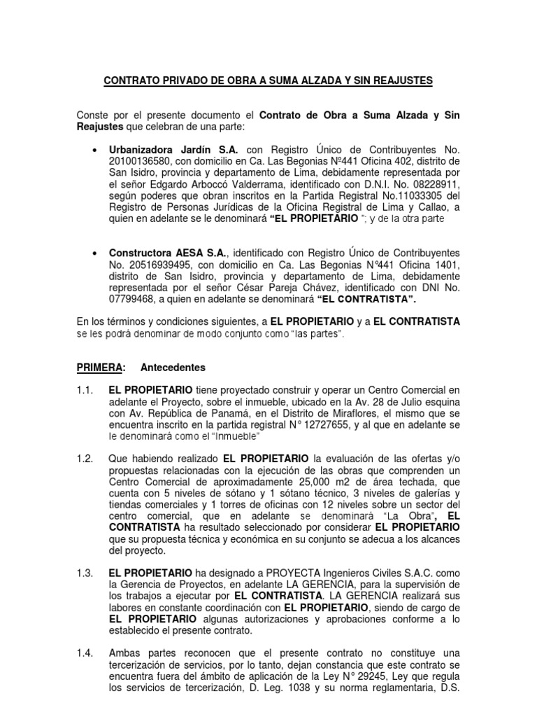 Contrato privado de obra a suma alzada y sin reajustes