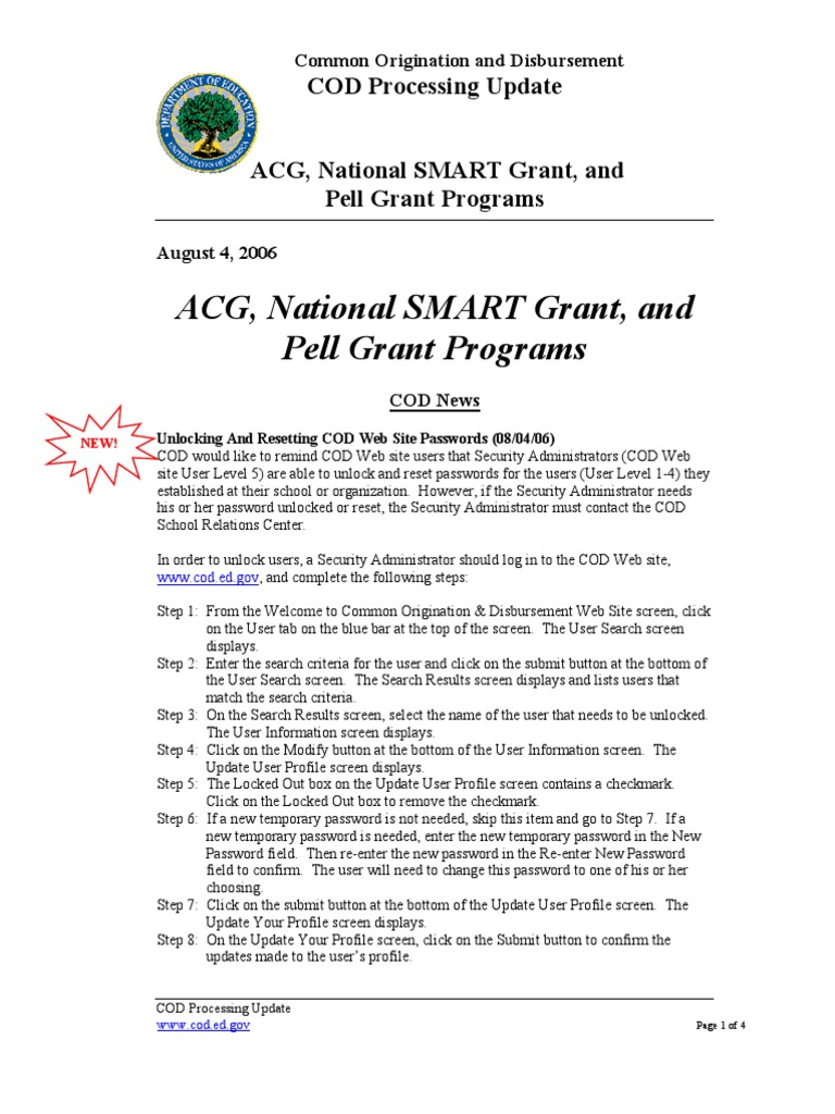 COD Processing Update: ACG & Pell Grants | PDF