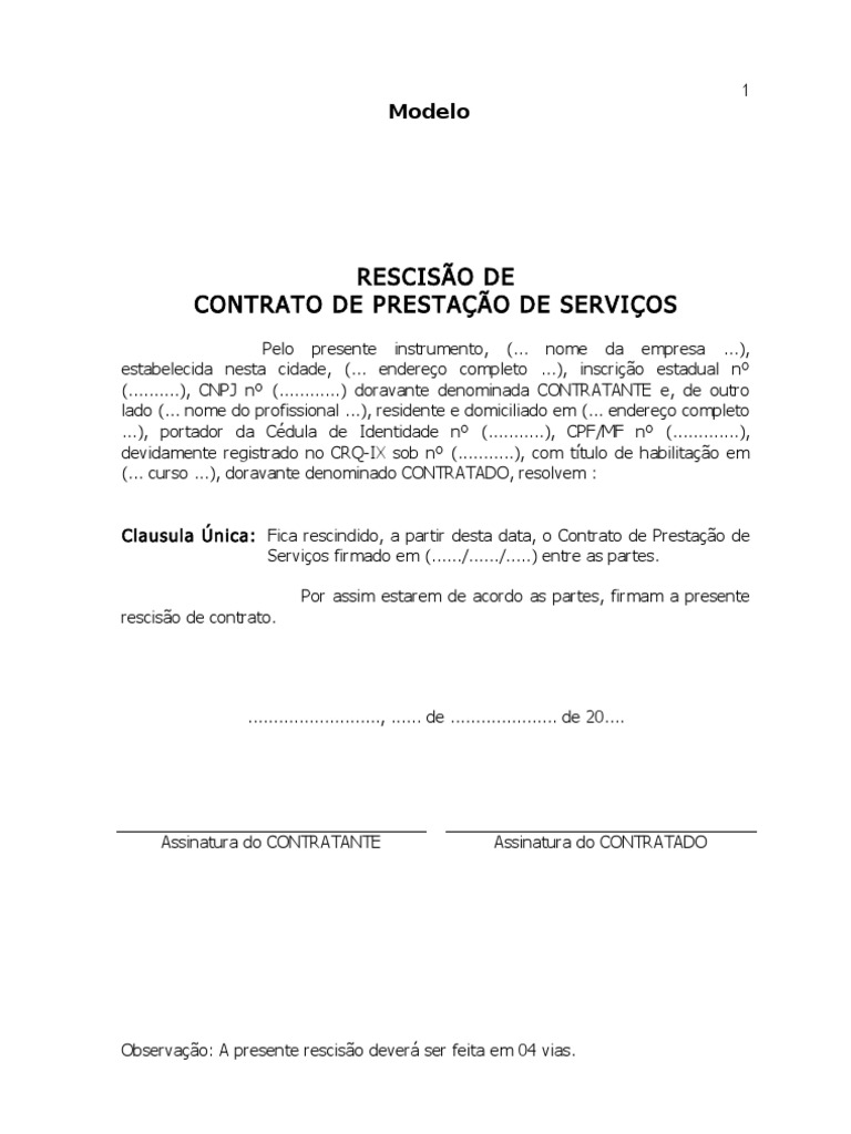 Rescisão de contrato de prestação de serviços entre uma empresa e um ...