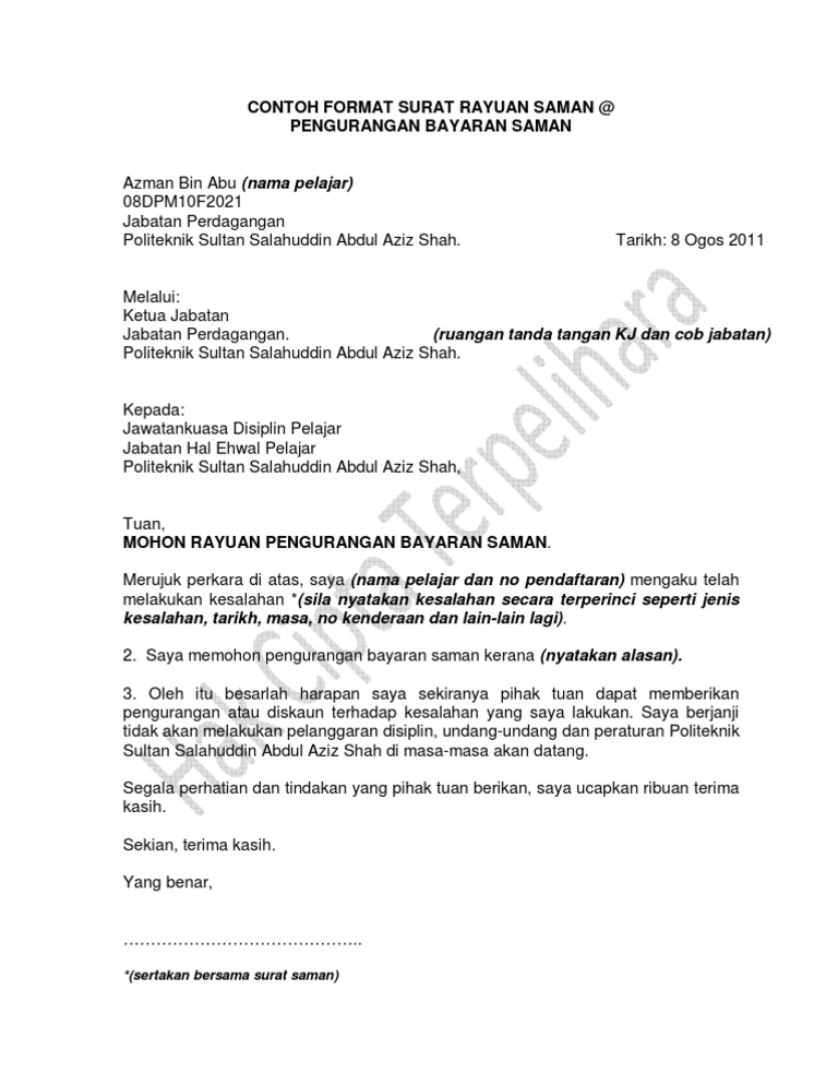 Contoh Surat Pembayaran Ke Jabatan Alam Sekitar