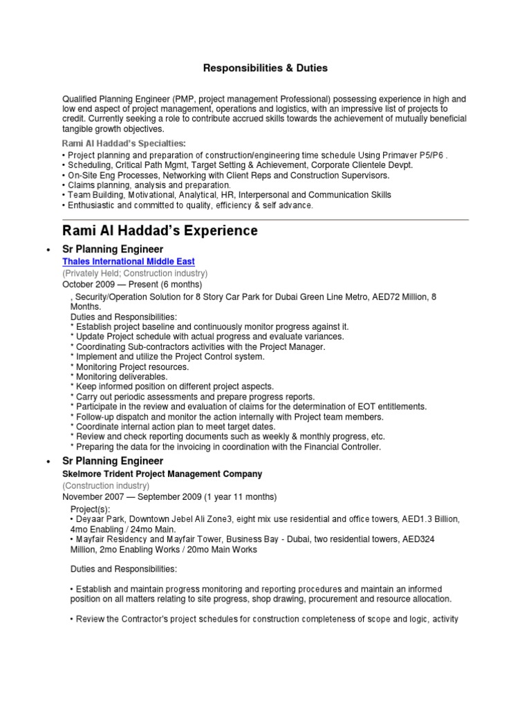Planning Engineer Responsibilities Download Free PDF Project