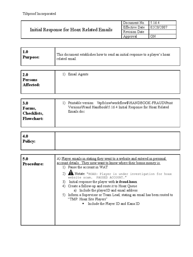 Initial Response to Hoax Emails Guide | PDF