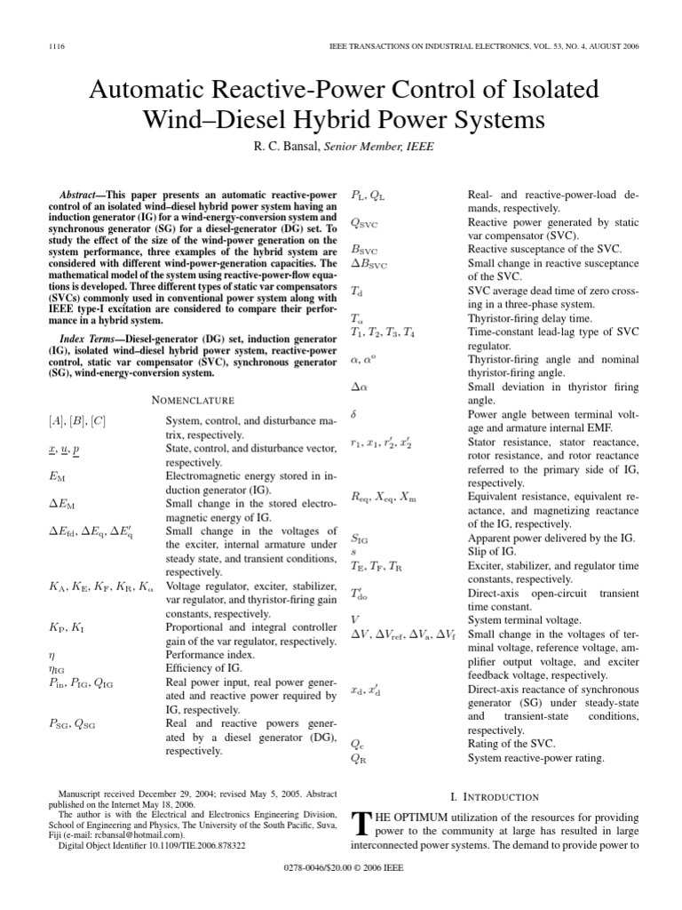 Automatic Reactive Power Control of Isolated Wind Diesel Hybrid Power ...