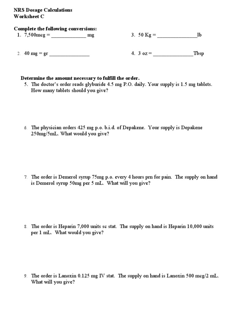 worksheet Dosage Calculation Practice Worksheets mcnrsdosagecalculati2 intravenous therapy blood sugar