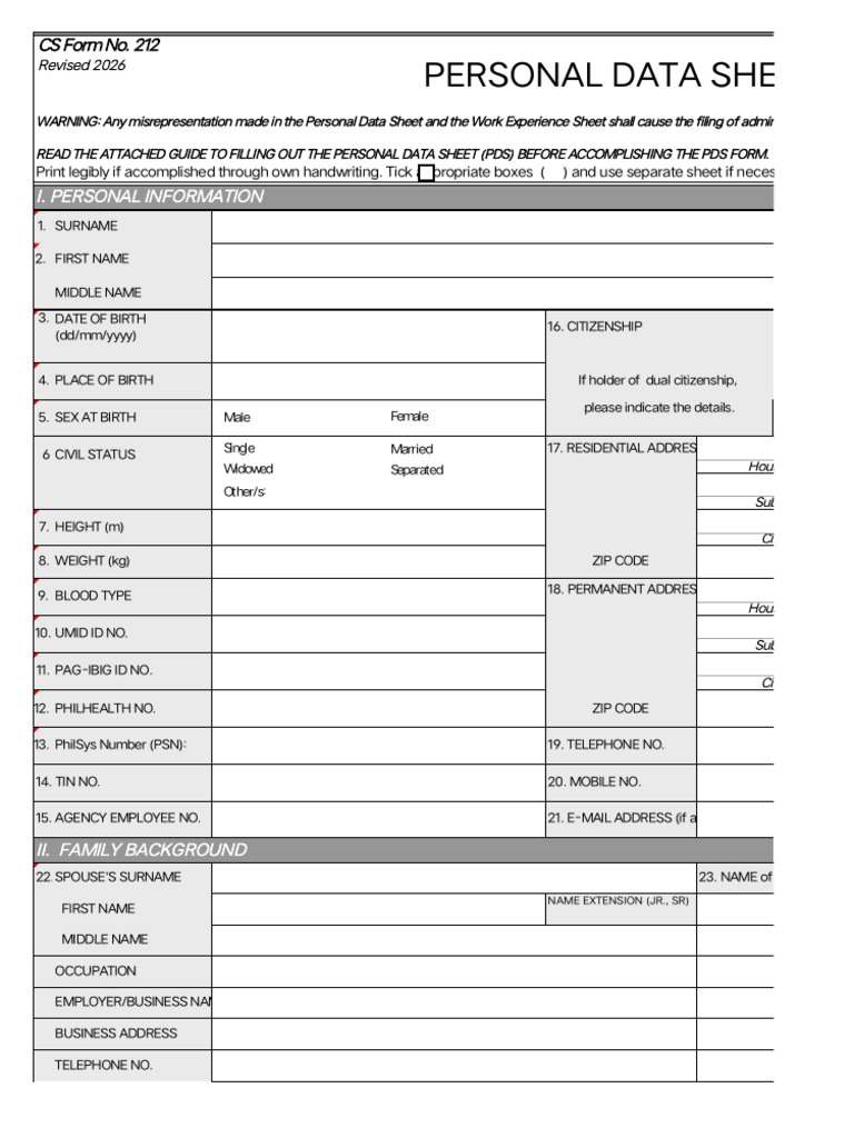 CS Form No. 212 Revised 2026 PDS | PDF | Citizenship | Government And ...