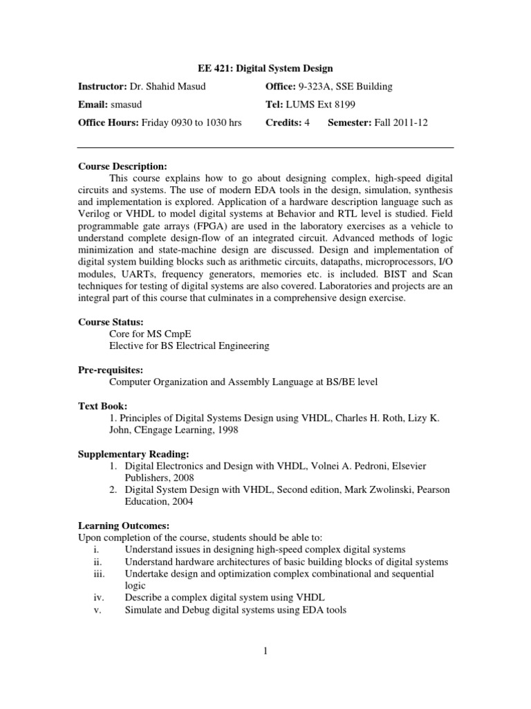 EE 421-Digital System Design-Dr. Shahid Masood (1) | Vhdl | Digital  Electronics
