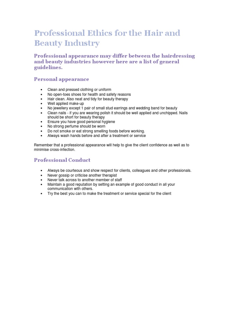 Professional Ethics for the Hair and Beauty Industry Complaint