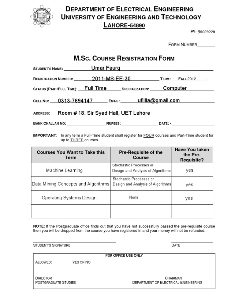 M.Sc. Electrical Engineering Registration Form | PDF | Business | Computers