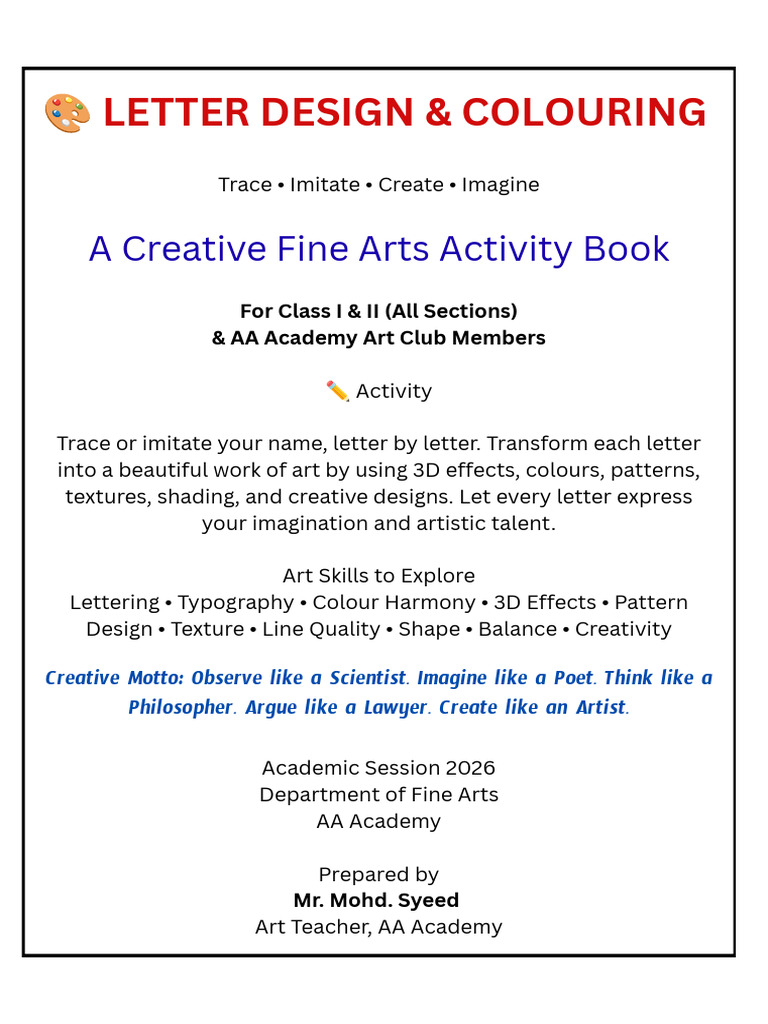 Letter Design & Colouring Activity Book Fine Arts AA Academy 2026 Mohd ...