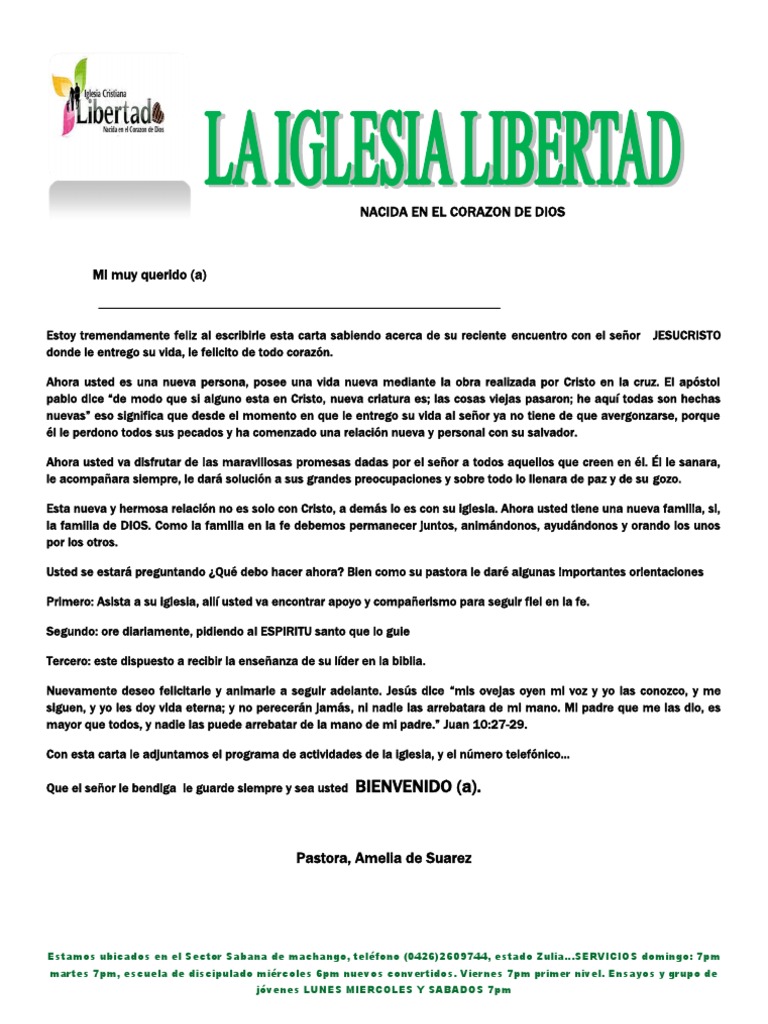 Carta de Bienvenida Ala Iglesia Libertad  PDF  Jesús  Iglesia Católica